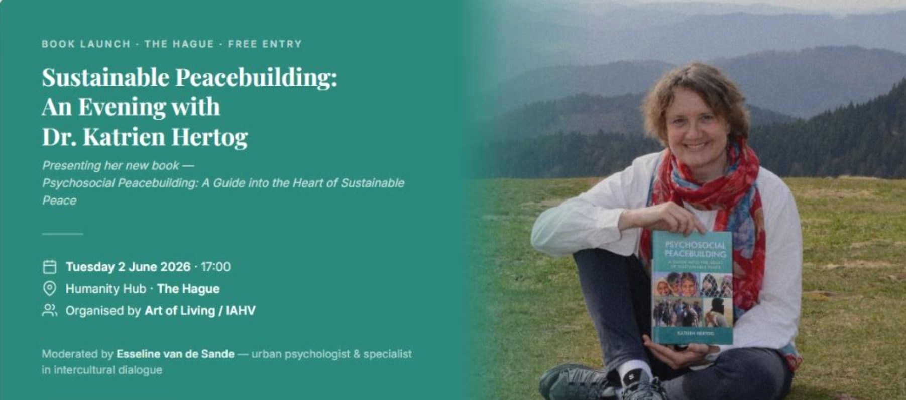 Flyer for Sustainable Peacebuilding: An Evening with Dr. Katrien Hertog at Humanity Hub, The Hague